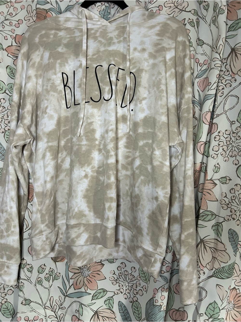 Rae Dunn 'Blessed' Tie-Dye Hoodie in Beige and White